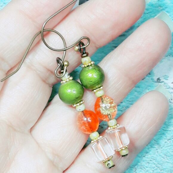 artisan earrings 451#mfs NEW boho green orange beads hatpin victorian antique br - Picture 5 of 5